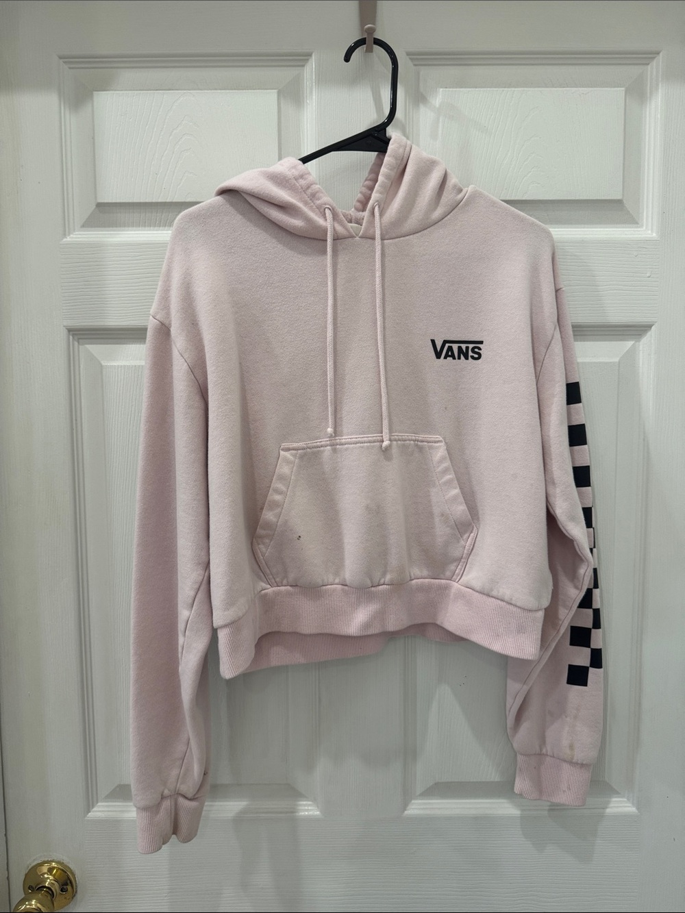 Vans Light Pink Cropped Hoodie with Black Checker Sleeve